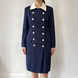 VTG Evan Picone Blazer Dress S 6 Navy Mod Double Breasted Midi Sheath Collared
